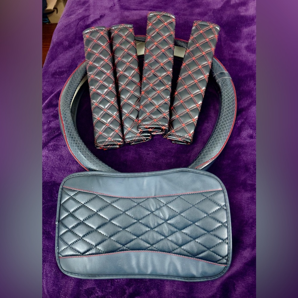 CAR ACCESSORIES Bundle! Quilted Pleather Black and Red Wheel, Seatbelt, Console!